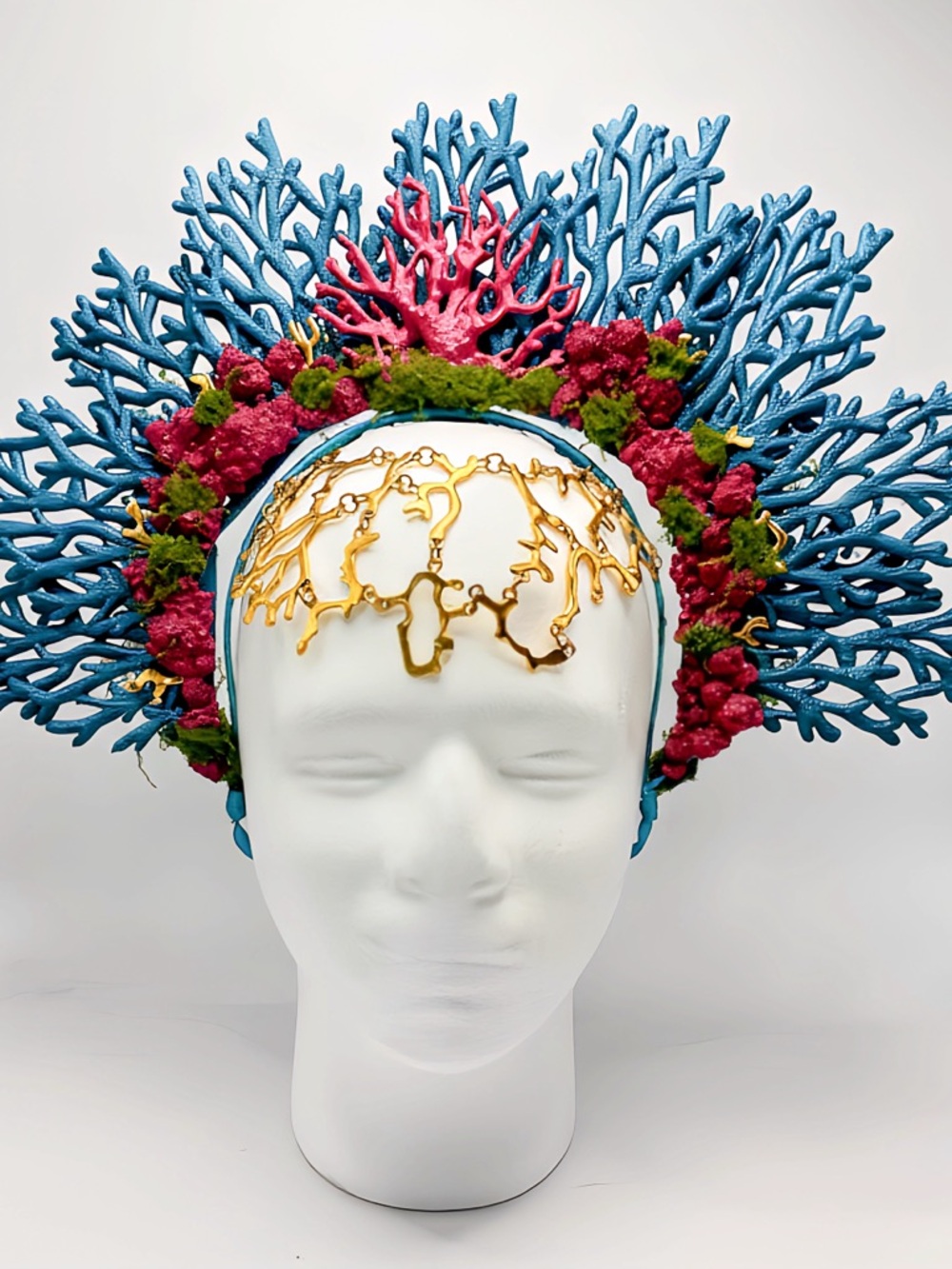 Blue & Pink Coral Mermaid Statement Headdress with Gold Accent
